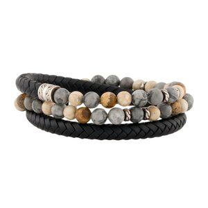 JOHN HARDY LEATHER, JASPER & CHALCEDONY STERLING SILVER BEADED WRAP BRACELET